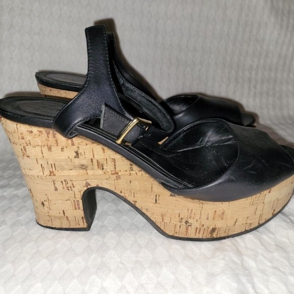 Authentic Fendi Black Leather Ankle Strap Cork Wedge Platform Heels Size 38/US 8 - Picture 2 of 16